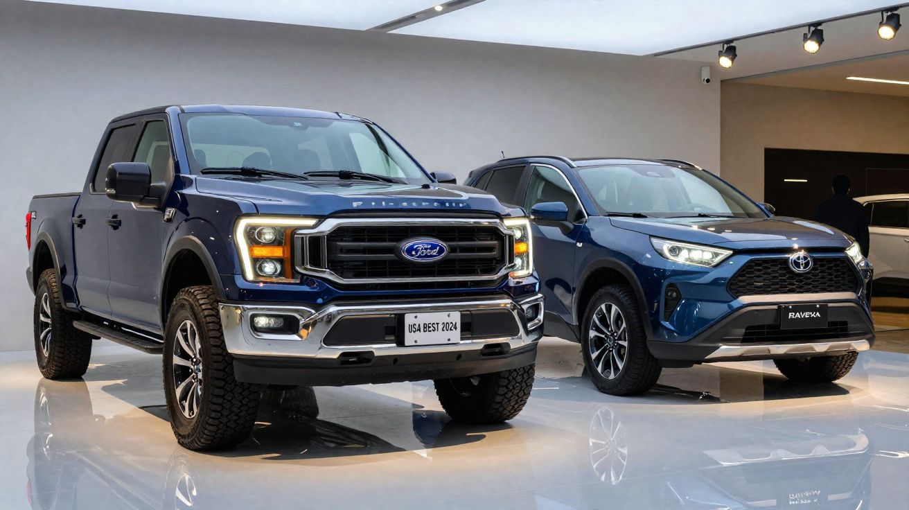 Dois carros azul escuro, um Ford F-150 e um Toyota Rav4, exibidos em showroom moderno e bem iluminado.