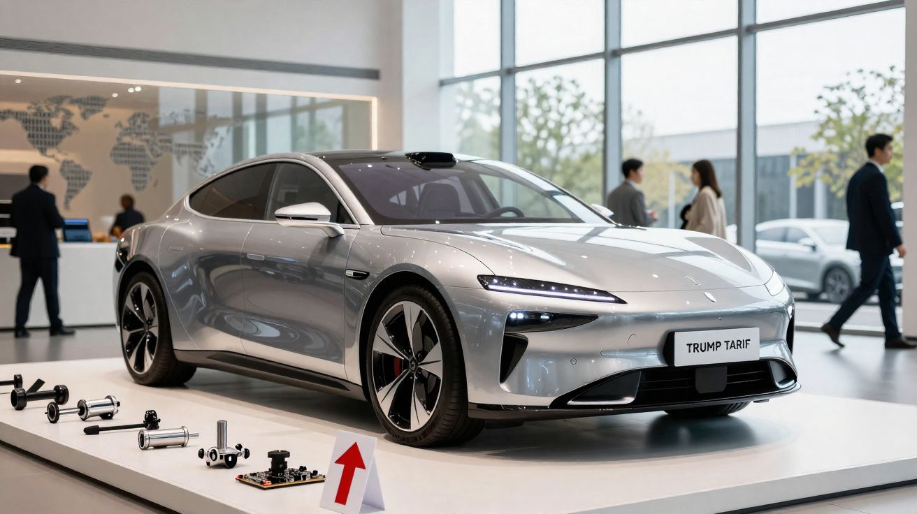 Carro elétrico prata expositor em salão moderno com peças e pessoas ao fundo em ambiente iluminado.