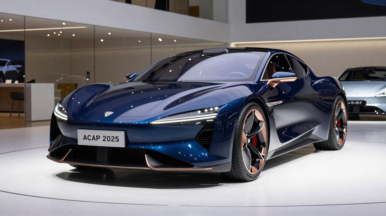 Carro esportivo azul escuro futurista exposto em salão automobilístico, com design aerodinâmico e rodas grandes.