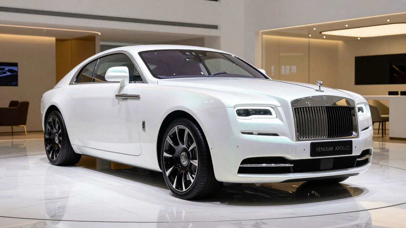 Carro branco de luxo Rolls-Royce Wraith Venuum Apollo em showroom sofisticado com piso branco brilhante.