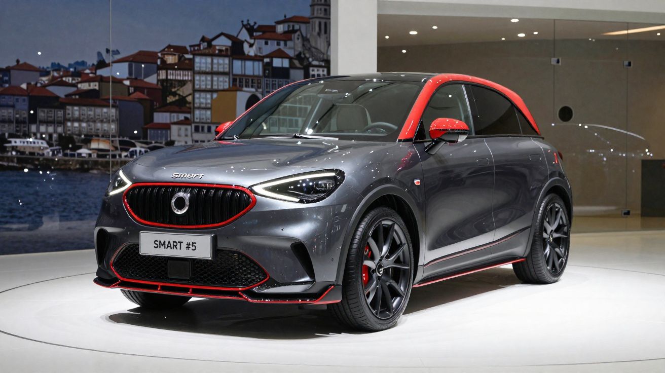 Carro esportivo Smart cinza com detalhes vermelhos exposto em espaço interno elegante.