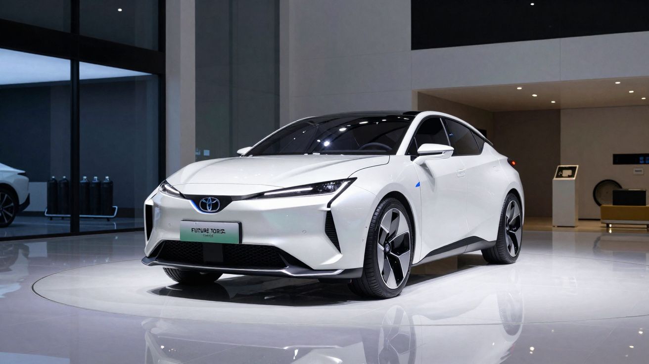 Carro elétrico branco Toyota Future Model 3 em exposição interna com iluminação refletida no chão.