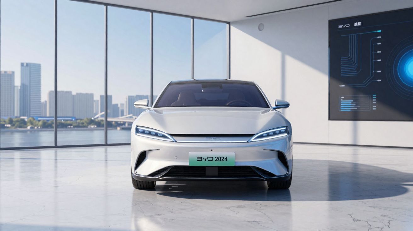 Carro elétrico branco BYD 2024 em ambiente interno com paredes de vidro e vista urbana ao fundo.