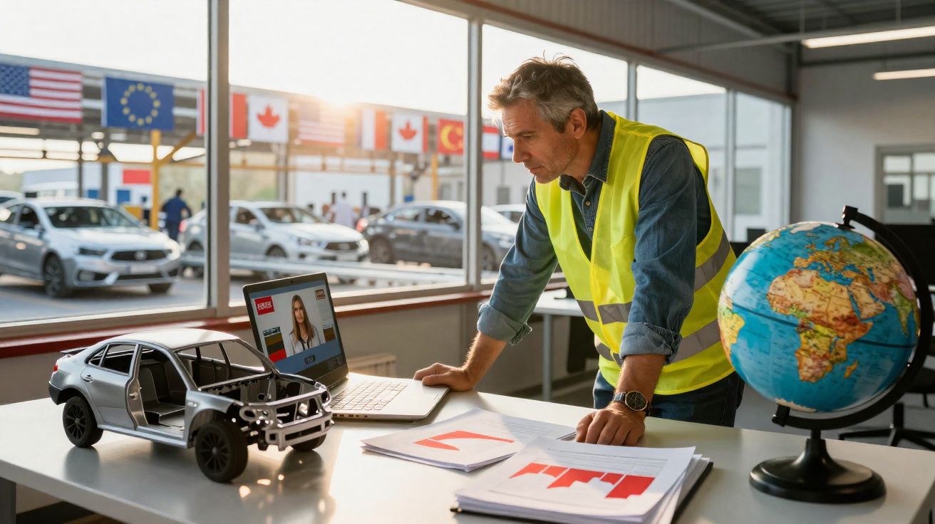 Homem com colete amarelo analisa dados na mesa com miniatura de carro, laptop e globo terrestre em escritório.