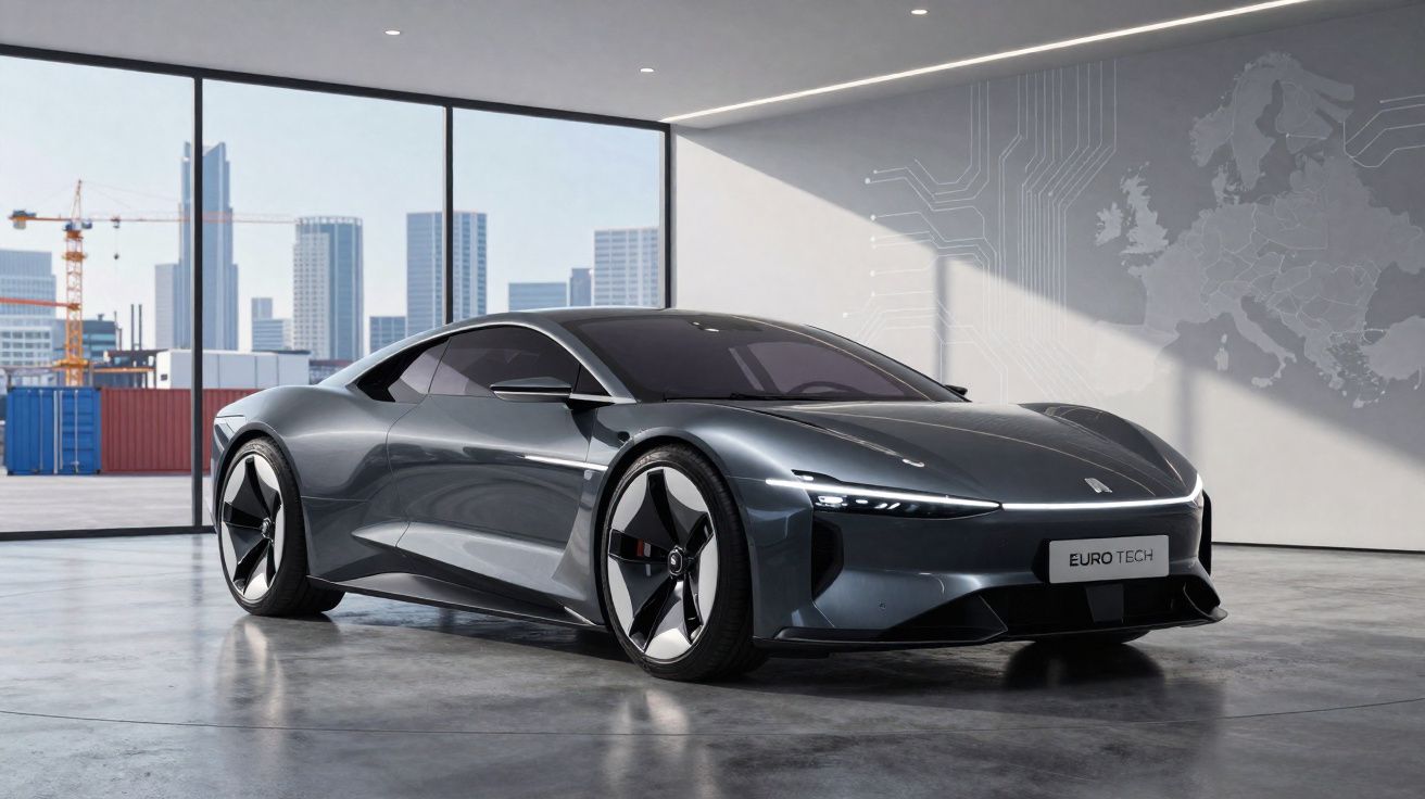 Carro esportivo cinza escuro moderno em showroom com janela panorâmica e cidade ao fundo.