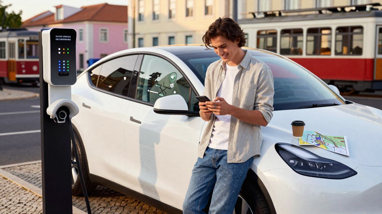 Jovem sorrindo e usando celular ao lado de carro elétrico branco carregando em estação na cidade.