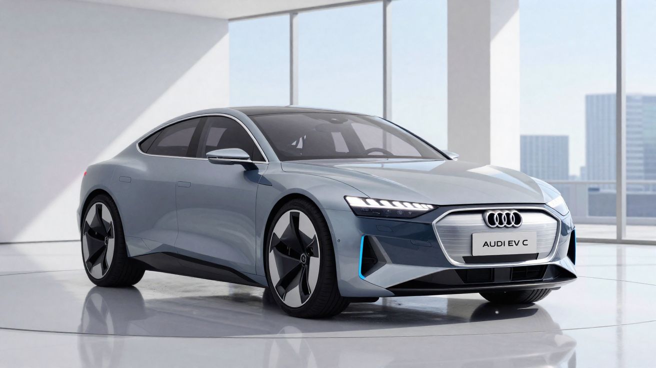 Carro elétrico Audi EV C cinza escuro estacionado em ambiente interno moderno com janelas grandes.