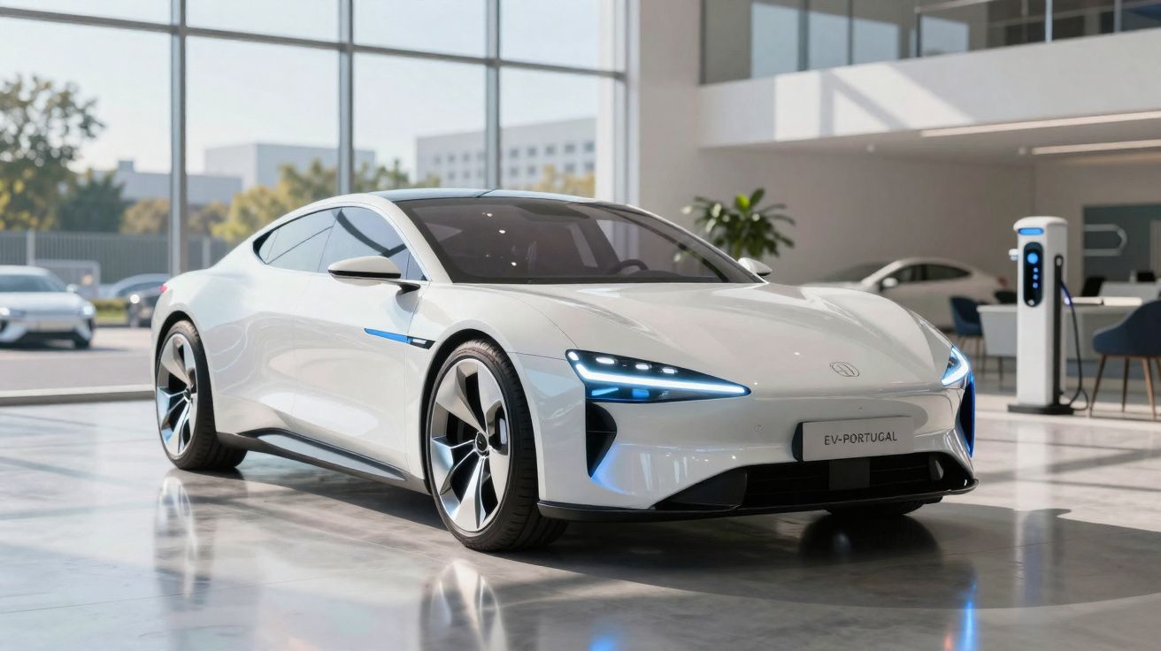Carro elétrico branco moderno estacionado em showroom com luzes diurnas acesas e estação de recarga ao fundo.