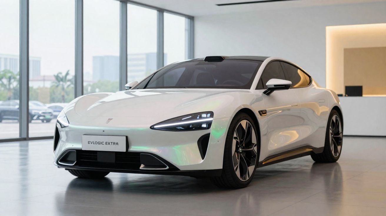 Carro elétrico branco modelo Evlogic Extra em exposição dentro de showroom moderno e iluminado.