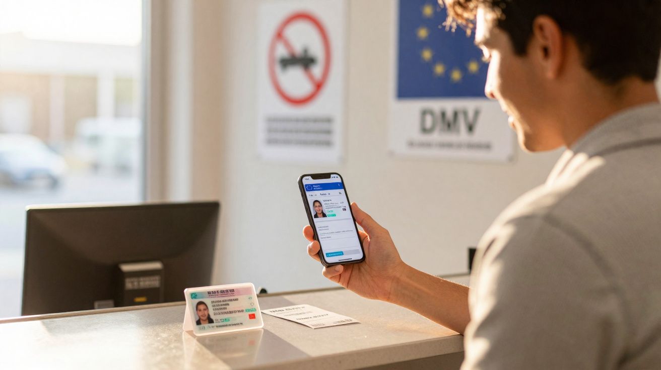 Pessoa segura celular mostrando carteira de motorista digital em balcão de atendimento do DMV.