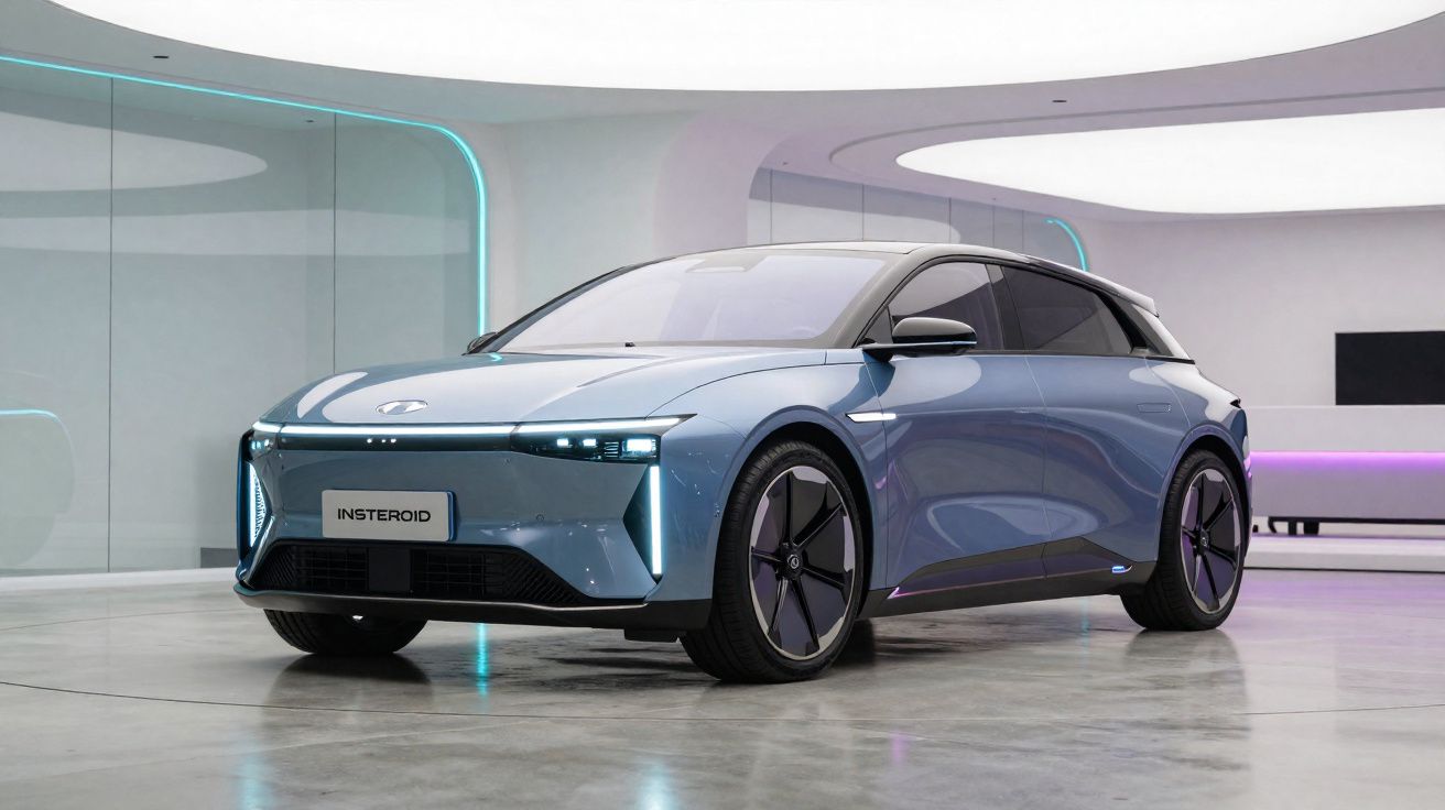 Carro elétrico moderno azul claro em ambiente interno com iluminação de LED e design aerodinâmico.