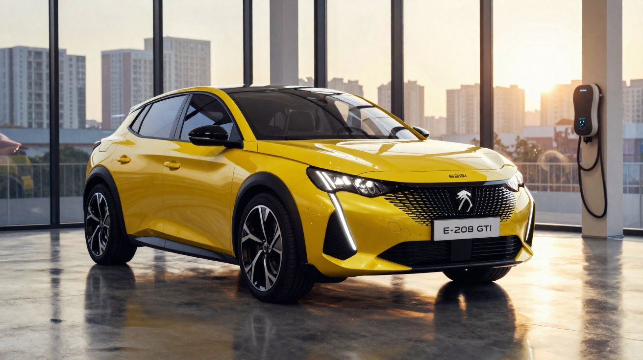Carro elétrico amarelo Peugeot E-208 GTI estacionado em garagem com vista para prédios ao pôr do sol.