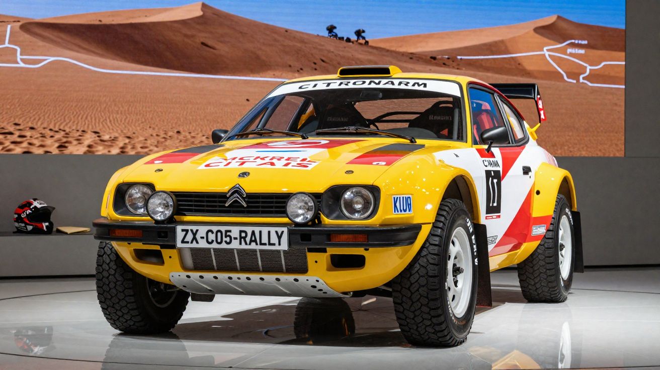 Carro de rally Citroën amarelo com detalhes vermelhos e placa ZX-C05-RALLY em exposição.