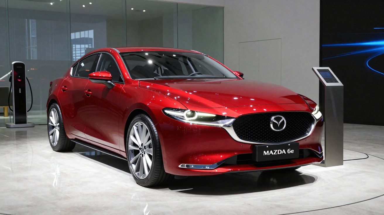 Carro elétrico Mazda 6e vermelho exibido em showroom moderno com estação de recarga ao fundo.