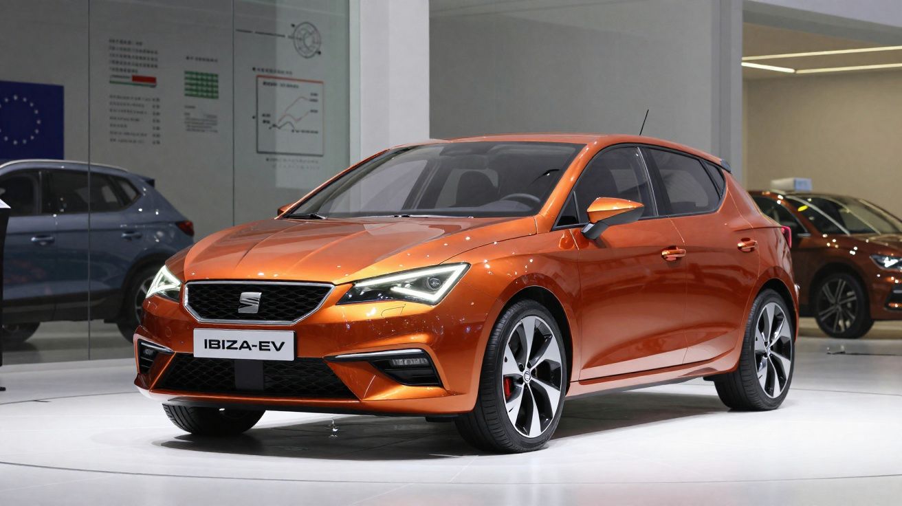 Carro elétrico Seat Ibiza-EV hatchback na cor laranja em exposição interna.