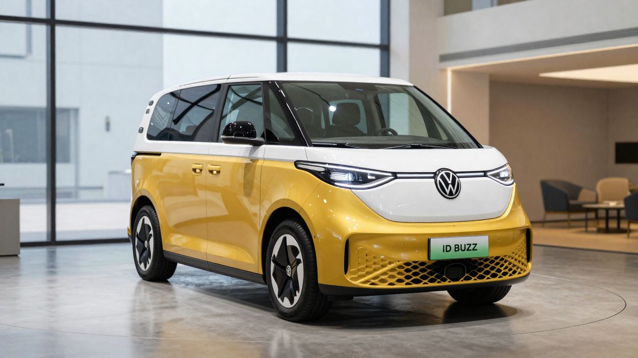 Van elétrica Volkswagen ID Buzz amarela e branca estacionada em ambiente interno moderno.