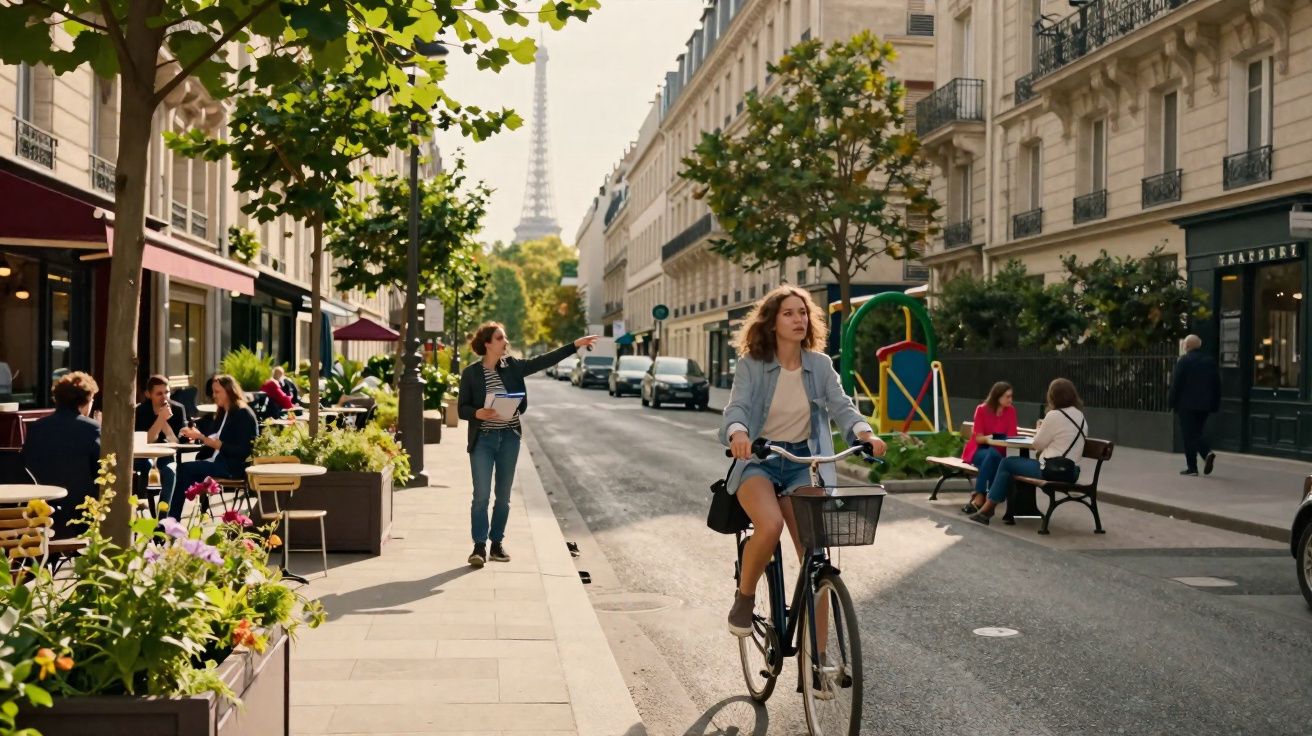Rua movimentada com pessoas caminhando, ciclista feminina e cafés ao ar livre, com torre ao fundo.