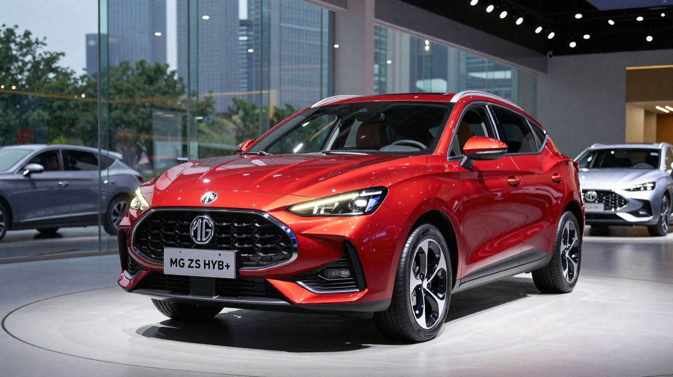 Carro vermelho MG ZS Hybrid+ exposto em salão de automóveis moderno com prédios ao fundo.