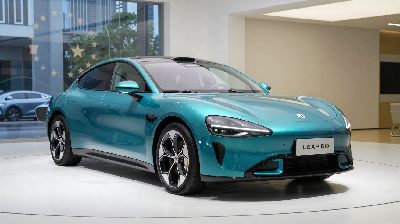 Carro elétrico LEAP B10 azul em exposição interna, design moderno e aerodinâmico.