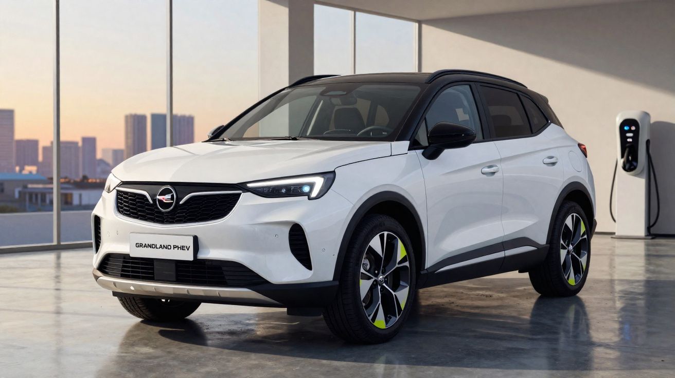 SUV branco Opel Grandland PHEV estacionado em ambiente interno moderno com carregador elétrico ao fundo.