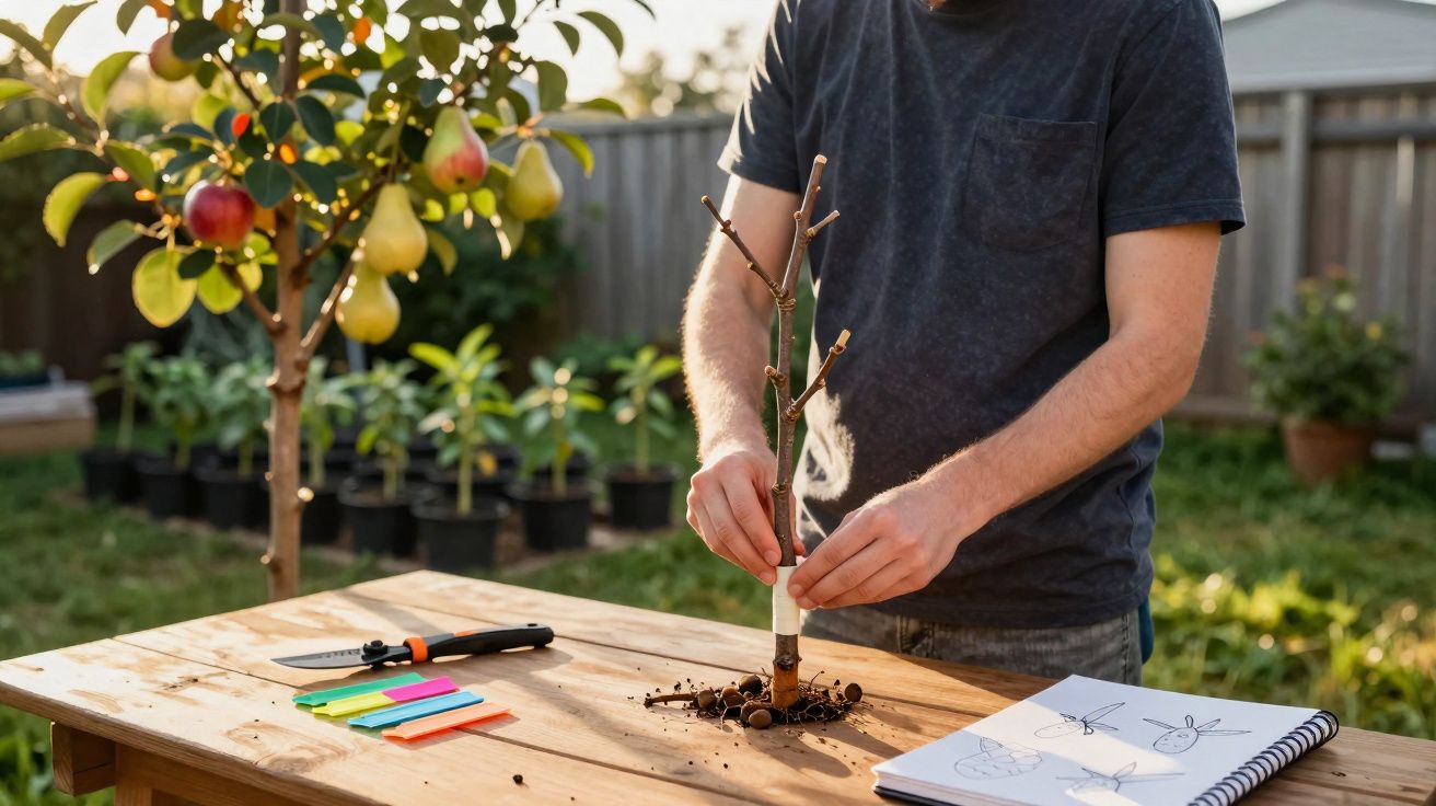 Pessoa preparando muda de árvore sobre mesa de madeira em jardim com desenhos e ferramentas.