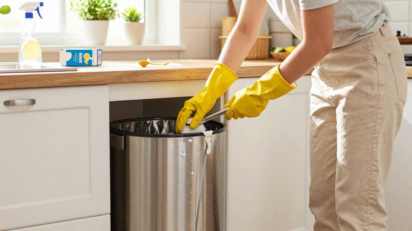 Pessoa com luvas amarelas removendo saco de lixo de uma lixeira inox em cozinha clara e organizada.