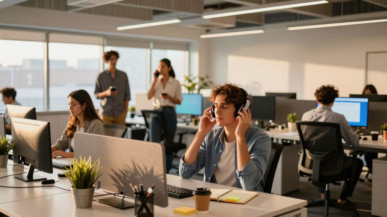 Ambiente de escritório com jovens trabalhando em computadores e um rapaz usando fones de ouvido.