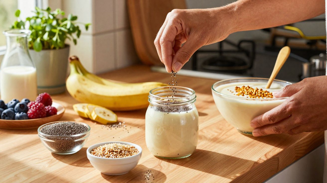 Mãos polvilhando sementes em vidro com bebida branca na bancada com frutas e ingredientes ao fundo.