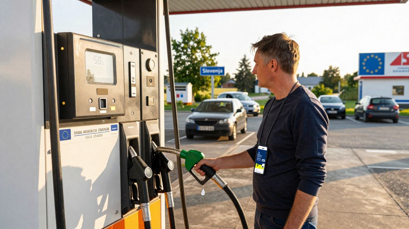 Homem abastecendo carro com bomba verde em posto de combustível, com placas de Sloevnia ao fundo.