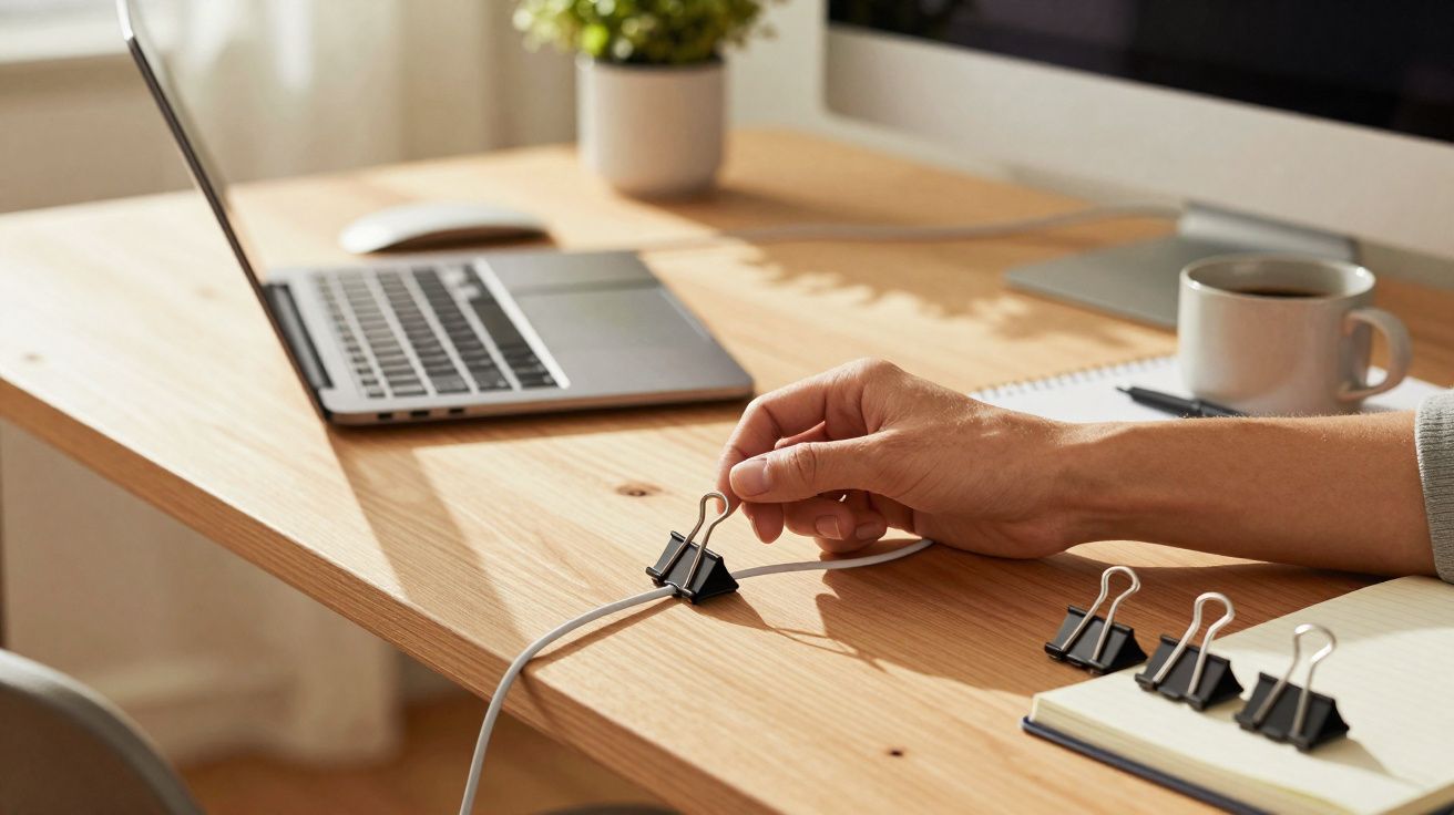Mão prendendo cabo com presilha em mesa de madeira com laptop, caderno, caneca e vaso de planta.
