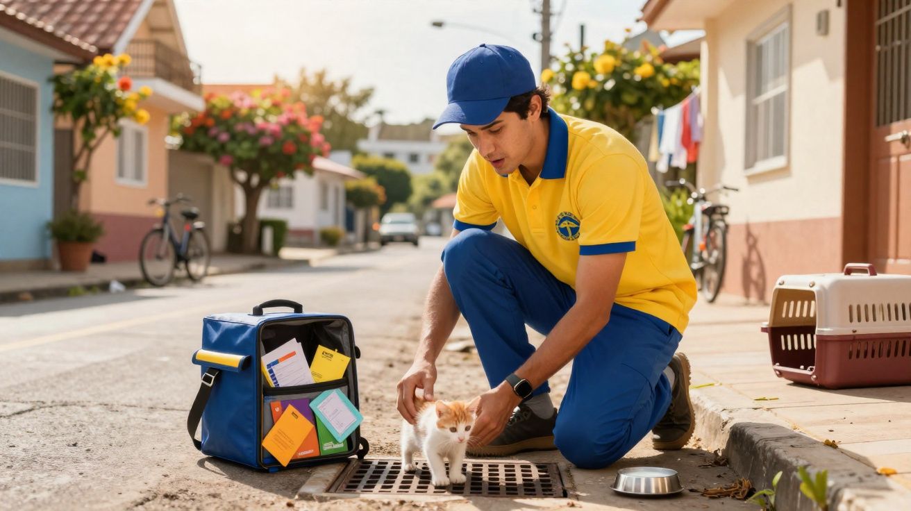 Funcionário de uniforme amarela alimenta um gato branco com laranja na rua em dia ensolarado.