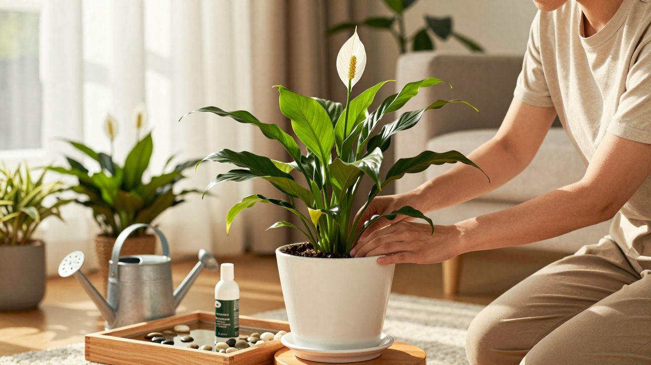 Pessoa cuidando de planta com regador e fertilizante em ambiente interno iluminado pela luz natural.