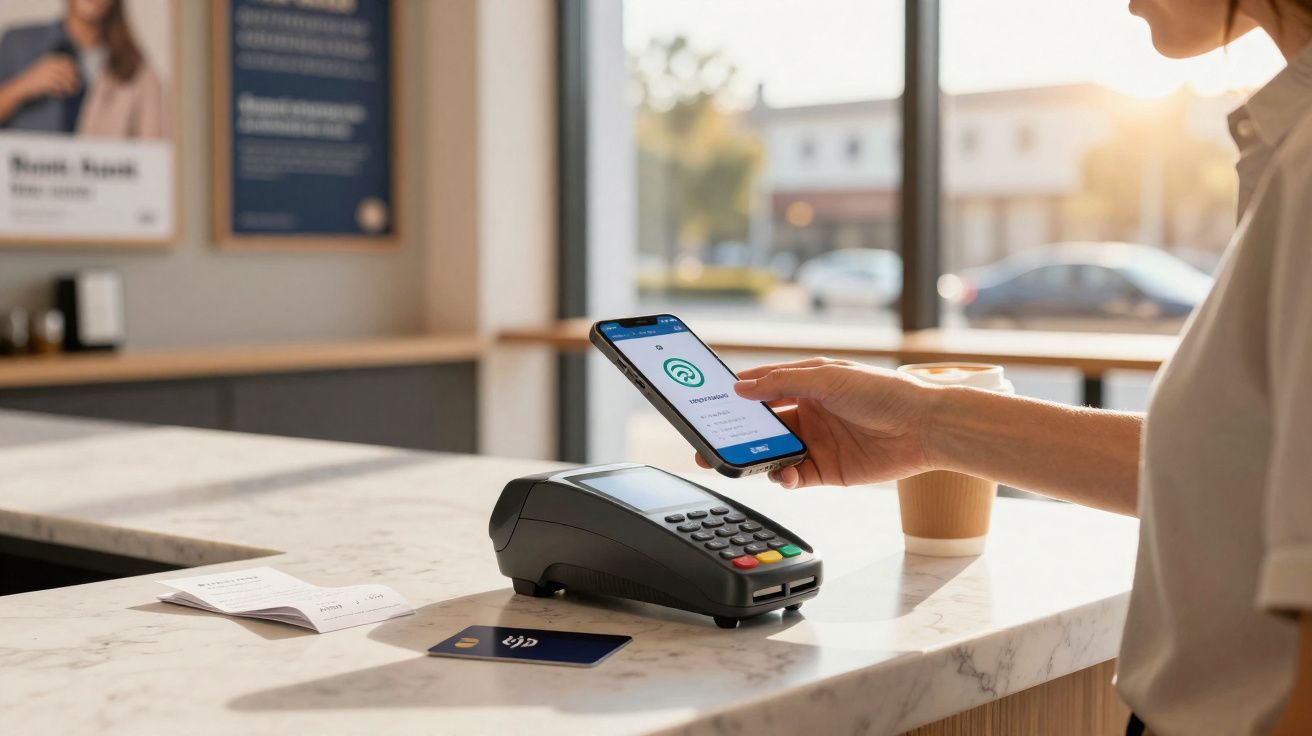 Pessoa realizando pagamento por aproximação com smartphone em terminais de cartão em balcão.