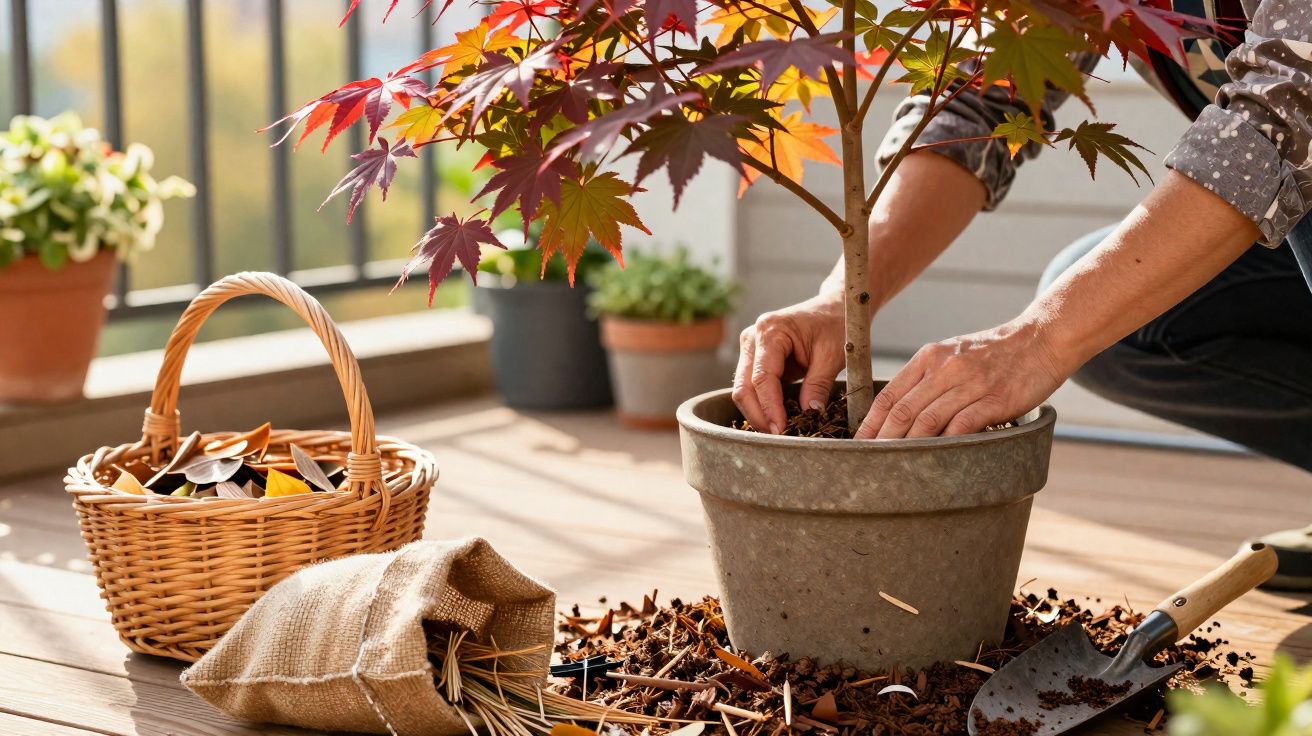 Pessoa cuidando de planta em vaso com folhas vermelhas, cesta e sacola de ferramentas de jardinagem.