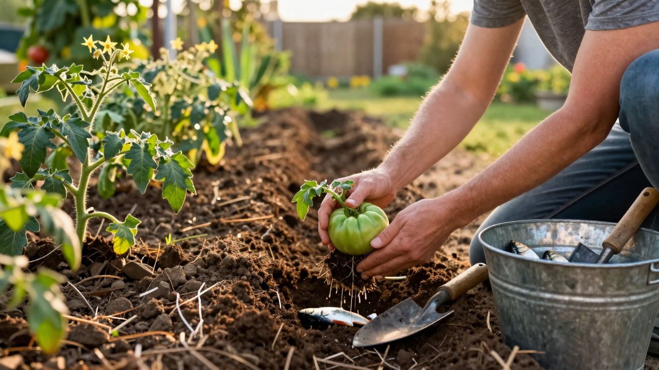 Pessoa plantando tomate verde em solo fértil em horta ao ar livre, com utensílios de jardinagem ao lado.