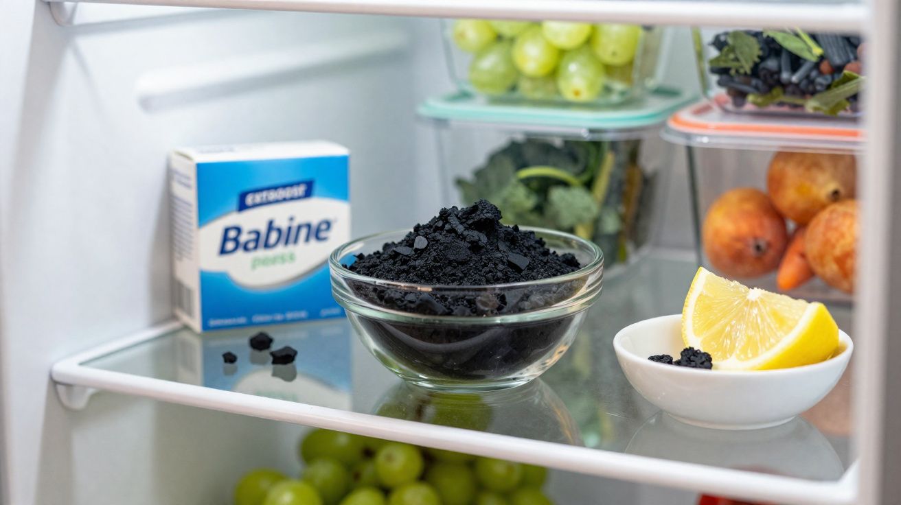 Interior de geladeira com carvão ativado em tigelas, limão, uvas verdes e caixa de Babine peças.