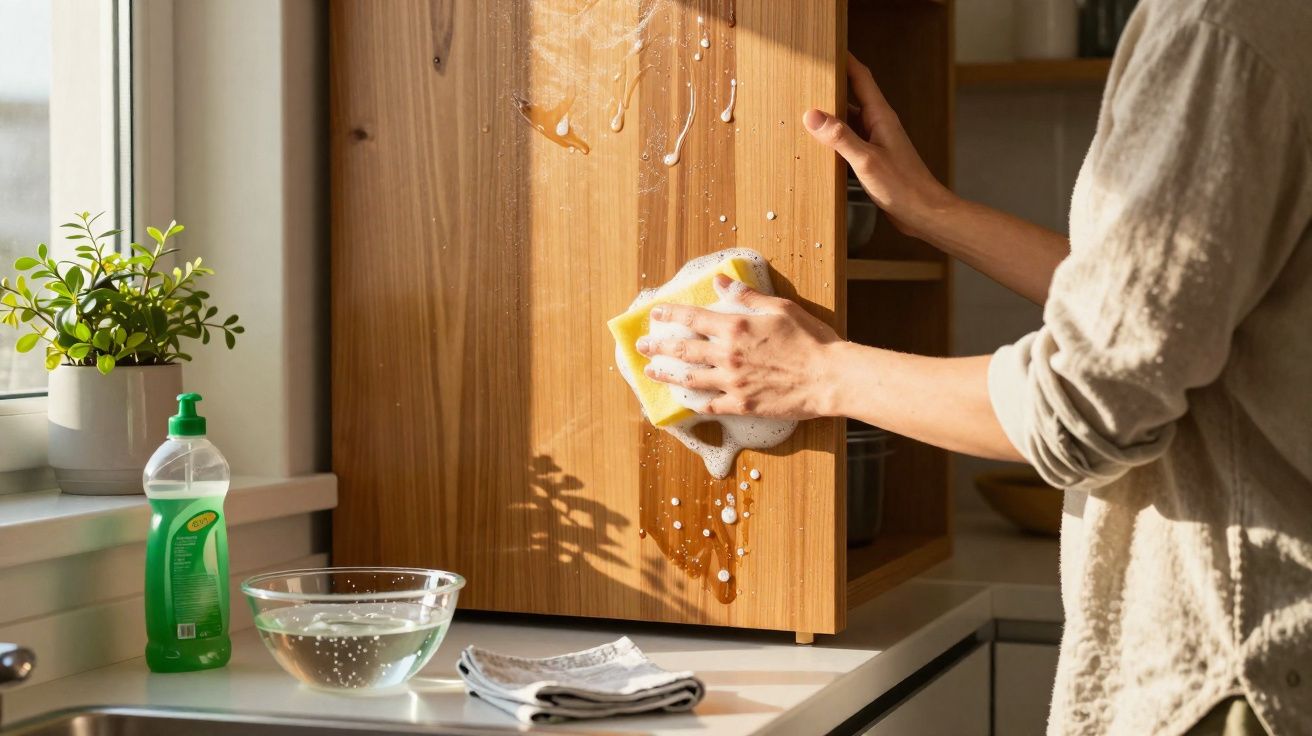 Pessoa limpando porta de armário de madeira com esponja ensaboada em cozinha iluminada por luz natural.