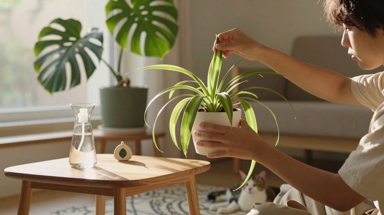 Pessoa cuidando de planta em vaso branco em ambiente interno com mesa de madeira e gato ao fundo.