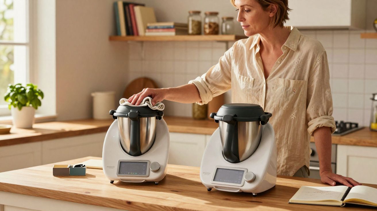 Mulher em cozinha moderna limpando máquina de cozinha multifuncional branca sobre bancada de madeira.