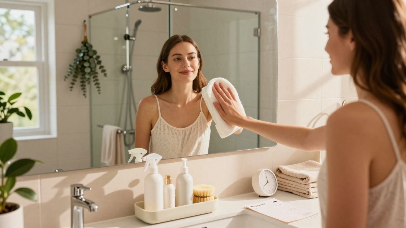 Mulher limpando o espelho do banheiro com um pano branco, sorriso leve, luz natural.