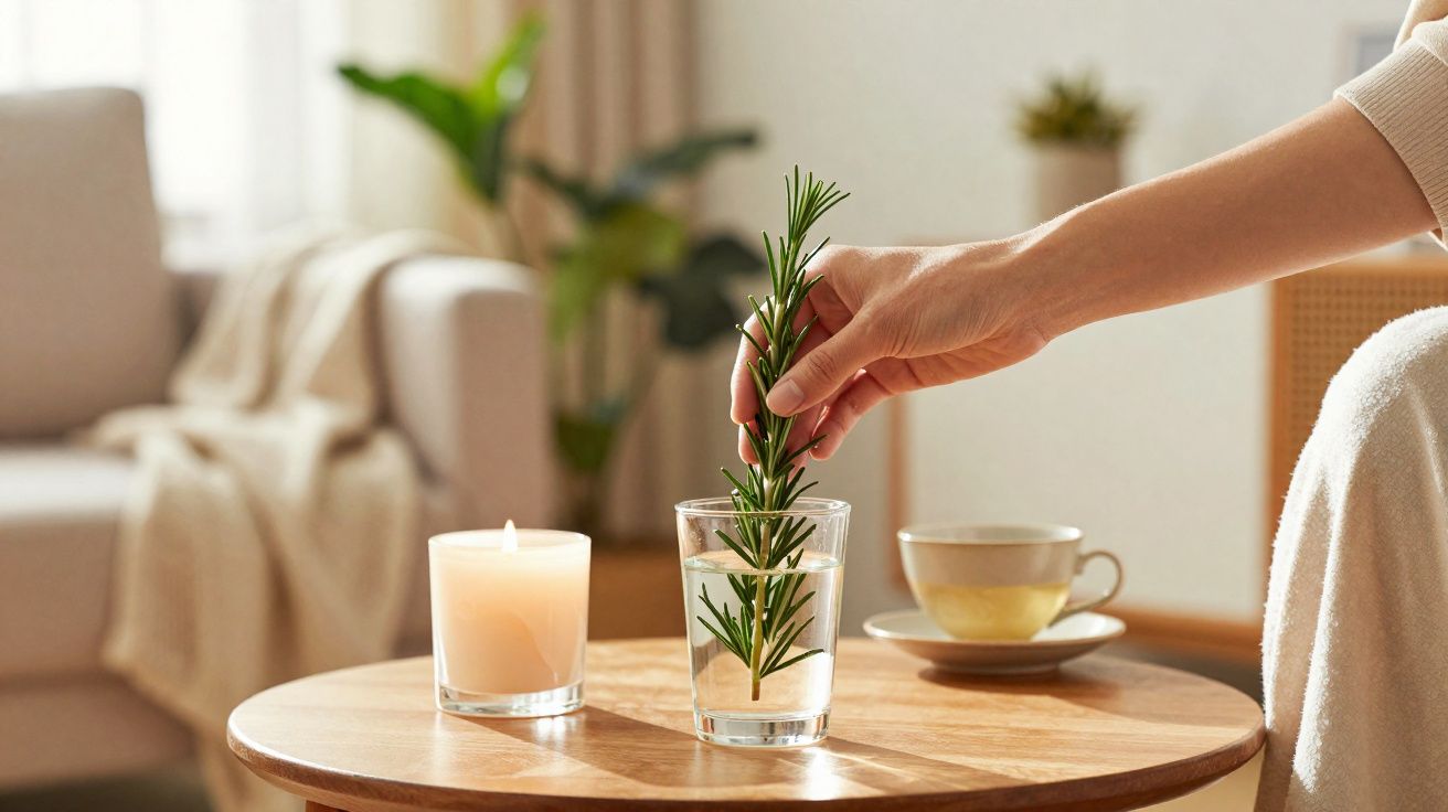 Mão colocando ramo de alecrim em copo de água sobre mesa com vela e xícara em ambiente aconchegante.