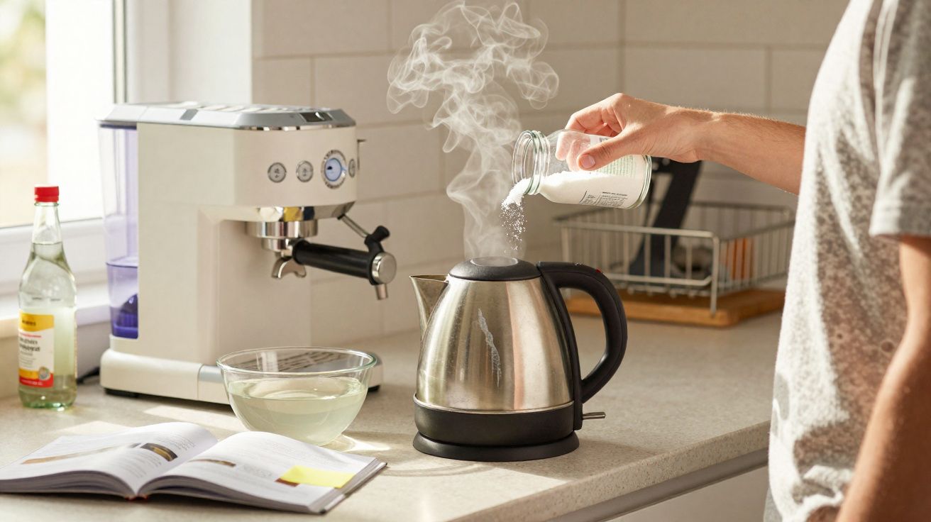 Pessoa despejando açúcar em chaleira elétrica fumegante em cozinha moderna.