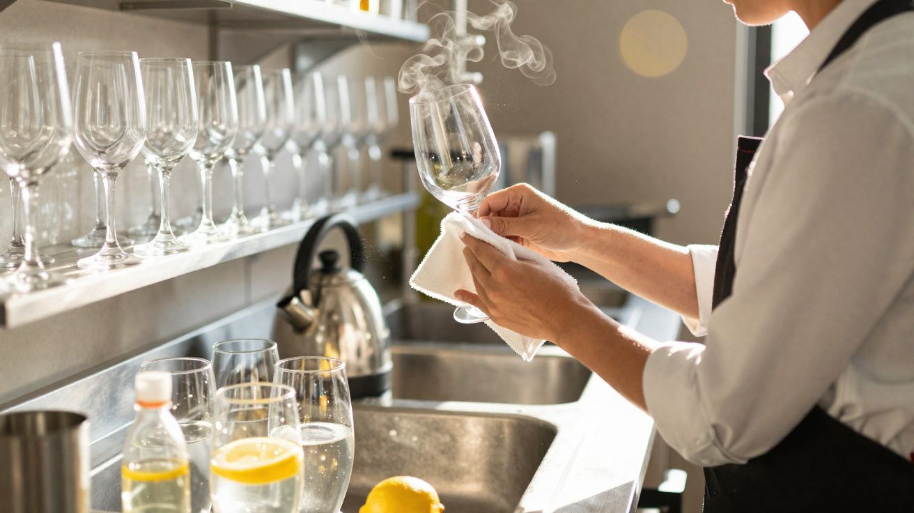 Pessoa limpando taça de vinho quente com pano em cozinha com várias taças e copos ao fundo.