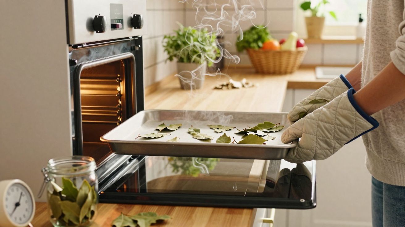 Pessoa usando luvas de forno, retirando assadeira com folhas de louro fumegantes do forno na cozinha.