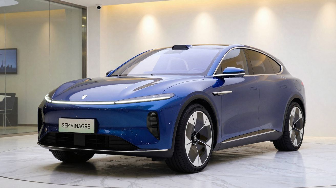 Carro elétrico azul moderno Semvinagre estacionado em ambiente interno com piso branco de mármore.