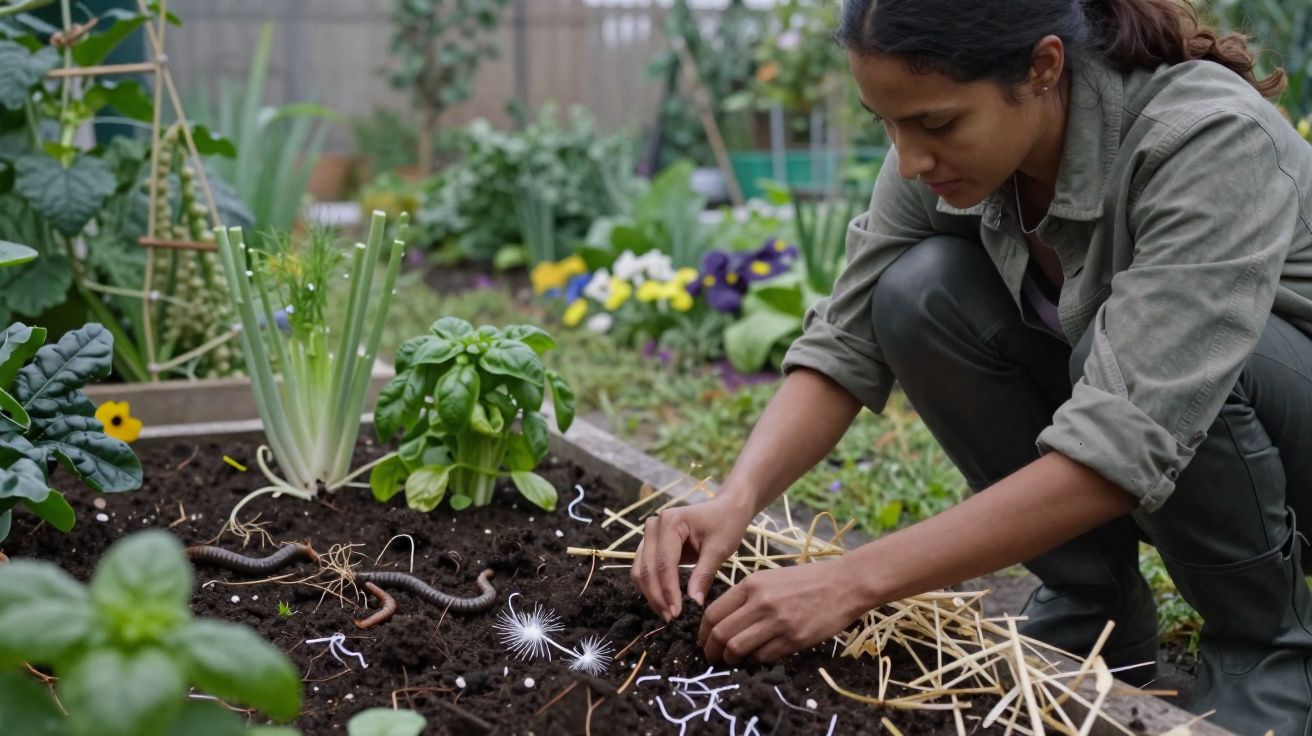 Mulher cuidando da horta, plantando mudas em canteiro com terra, folhas verdes e flores ao fundo.
