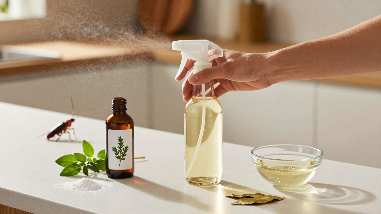 Mão borrifando spray natural para repelente, com ervas, inseto e ingredientes sobre bancada clara.
