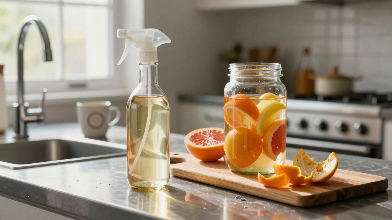 Borrifador transparente com líquido e jarra com rodelas de frutas cítricas em bancada de cozinha moderna.