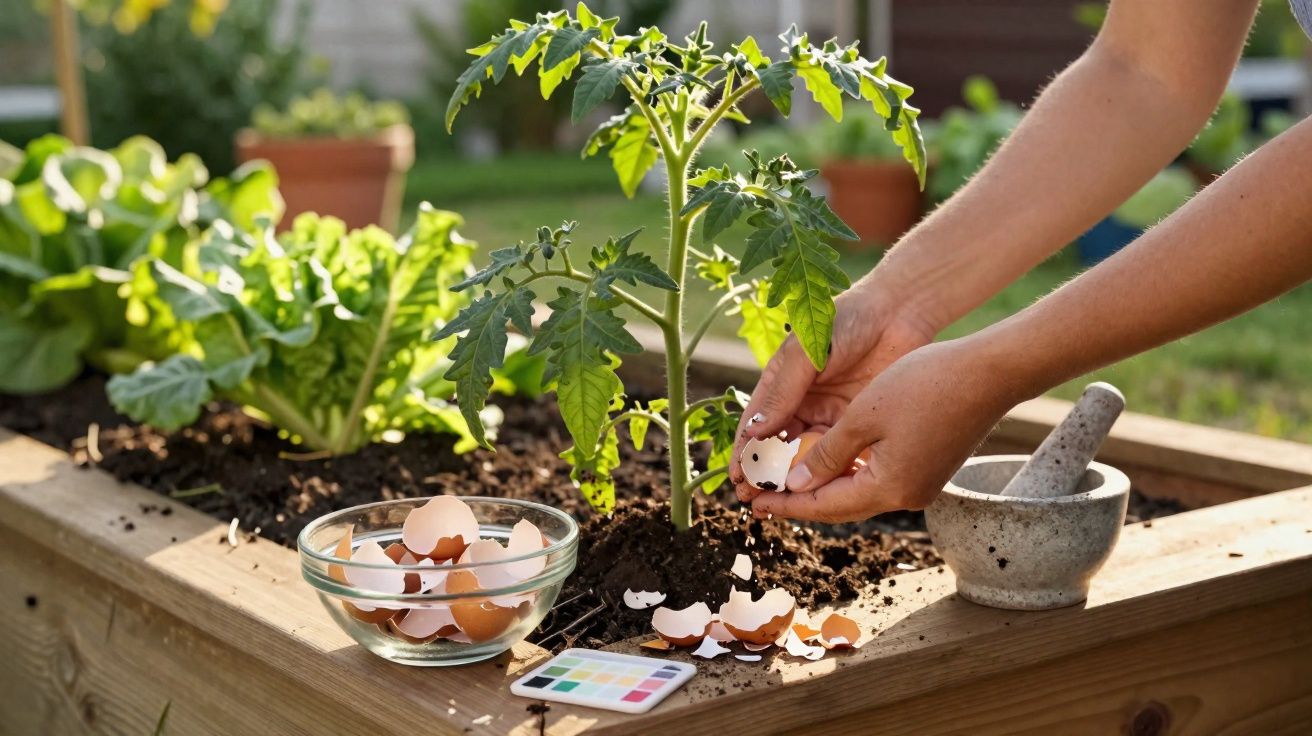 Mãos quebrando casca de ovo para adubo ao lado de muda de planta em canteiro com pilão e recipiente.