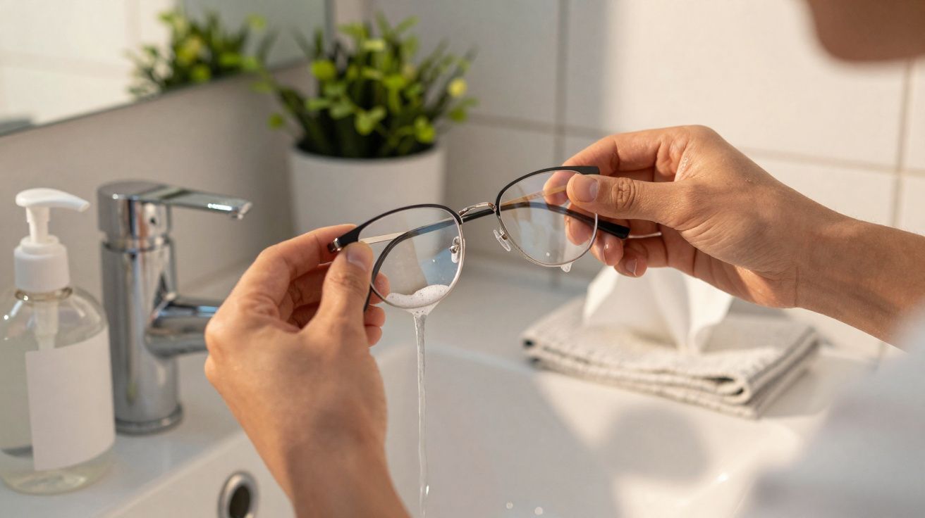 Pessoa lavando óculos com água na pia de banheiro com toalha e planta ao fundo.